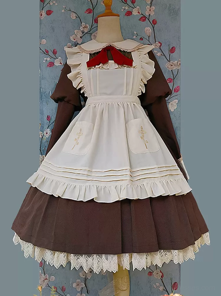 Apricot polyester sweet lolita pastoral apron accessory detail shot showing fabric texture and construction quality