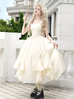 Apricot sweet lolita dress full front view showing square neckline irregular ruffled skirt and platform loafers complete coordinate
