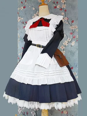 Apricot sweet lolita maid apron front flat display on dress form with floral wallpaper background showing lace trims and waist pouch details