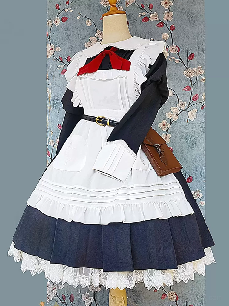 Apricot sweet lolita maid apron front flat display on dress form with floral wallpaper background showing lace trims and waist pouch details