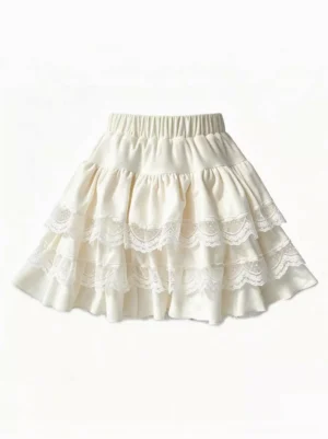 Apricot beige tiered lolita mini skirt with scalloped lace trim and elastic waist front flat lay view