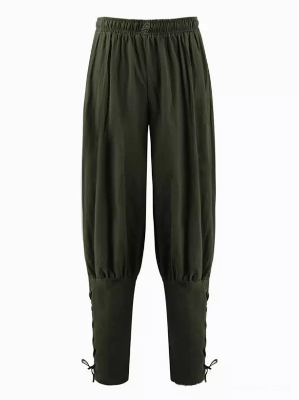 Army green vintage mens lace-up pants flat view dark green color elastic waistband lace ankle cuffs steampunk