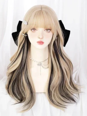 Ash blonde lolita wig with black face-framing highlights and air bangs front close-up view on mannequin head sweet lolita fashion hair accessory