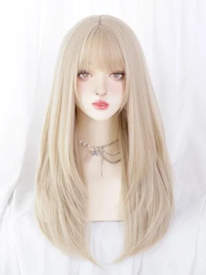 ash blonde long straight lolita wig front view with blunt bangs on mannequin head - sweet lolita style synthetic hair accessory