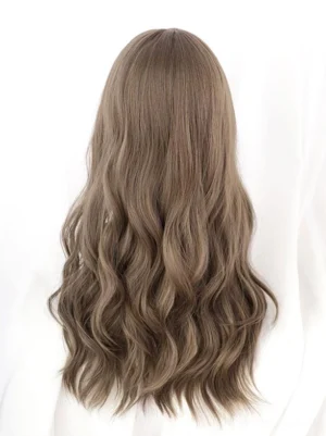 Back view of ash brown synthetic lolita wig displaying full-length voluminous waves and neat hairline construction on female mannequin