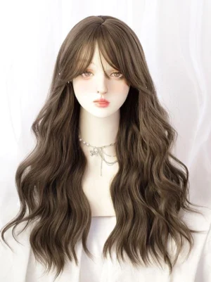 Ash brown long wavy lolita wig front view with middle-parted curtain bangs on mannequin, showcasing tousled wave pattern and realistic hairline styling