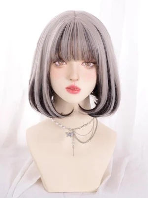 Ash gray bob lolita wig with black-tipped highlights and straight blunt bangs displayed on white background mannequin front view