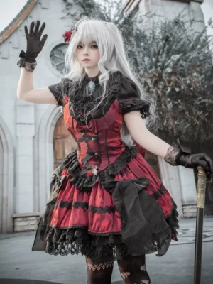 Gothic Lolita dress three-quarter angle model black gloves cane pose red black ruffled design