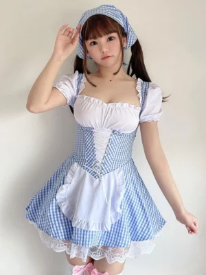 Baby blue and white gingham maid lolita one-piece dress with lace-up corset waist, puff sleeves and ruffled apron front full-body view on model with twin tails