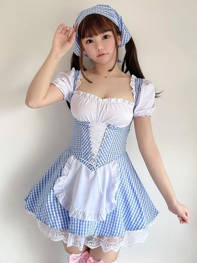 Baby blue and white gingham maid lolita one-piece dress with lace-up corset waist, puff sleeves and ruffled apron front full-body view on model with twin tails
