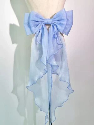 Baby blue sheer crinkled chiffon oversized lolita tail accessory with flowing ruffled tails on mannequin display