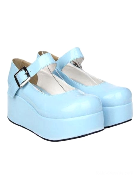 Baby blue glossy Lolita platform Mary Jane shoes paired front three-quarter angle view metal buckle ankle straps