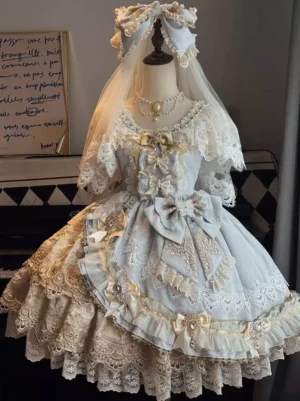 Baby Blue Sweet Lolita Ball Gown with Layered Ruffles and Ornate Bows Front View on Dress Form