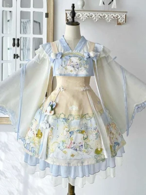 Baby blue sweet lolita jacquard jumper set front full view with rabbit cartoon print and ruffled hem