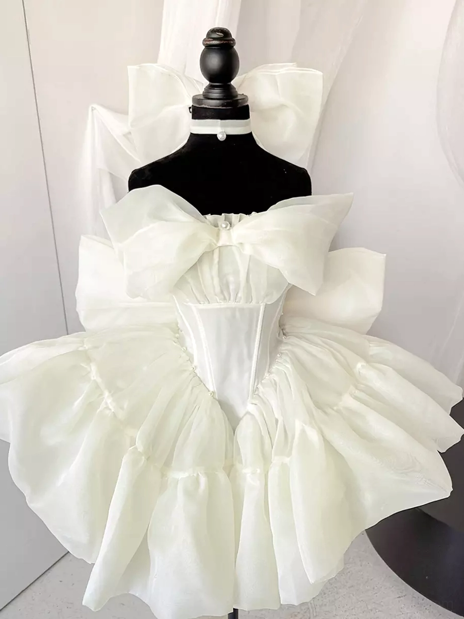 Ivory off-shoulder Ballet Hime Lolita dress with oversized front satin bow and voluminous tiered skirt