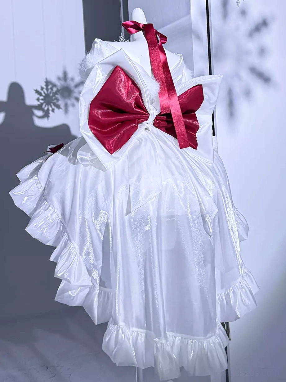 White off-shoulder Ballet Hime Lolita dress with large red satin back bow and sheer ruffled overlay side back view
