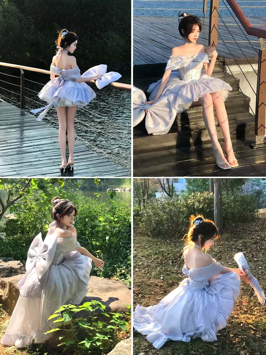 Ballet Hime off-shoulder sweet Lolita princess dress with bow choker and arm bands set detail view