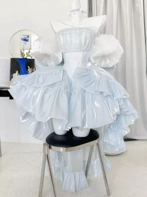 Light Sky Blue off-shoulder Ballet Hime sweet Lolita dress with ruffled high-low satin skirt front three-quarter view
