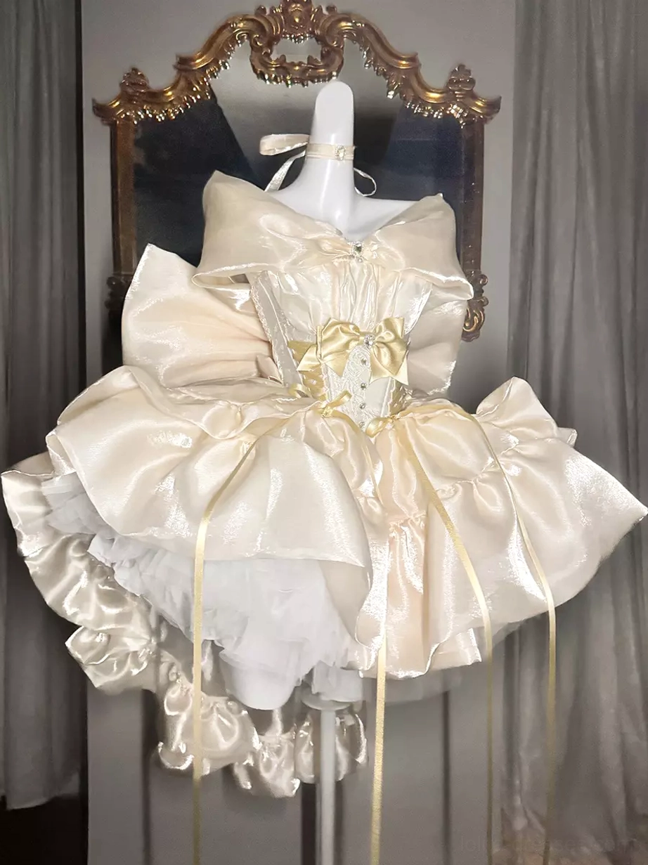 Champagne off-shoulder sweet Lolita dress with golden waist bow satin ruffled skirt and matching choker