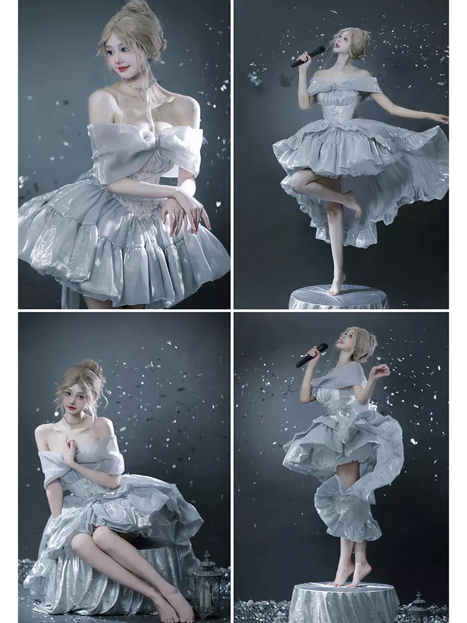 Silver-gray Ballet Hime sweet Lolita dress with high-low ruffled skirt off-shoulder design in dynamic studio poses
