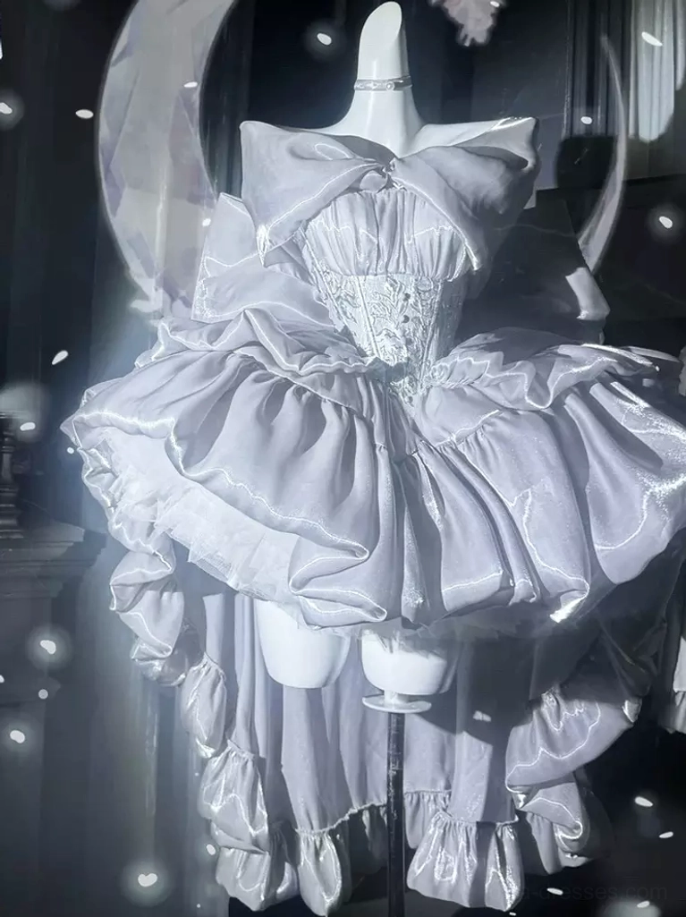 Silver-gray Ballet Hime sweet Lolita dress with lace corset bodice and off-shoulder bow trim front view