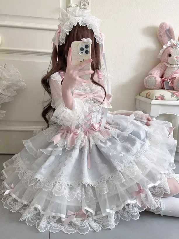 Ballet lolita dress seated view puffy ruffled lace skirt pink light blue dual tone front bow