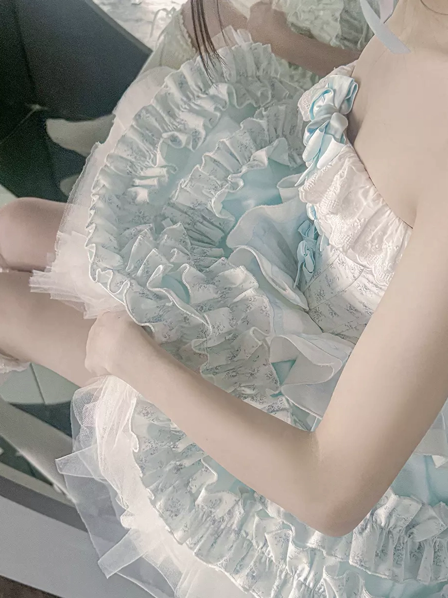 Ballet lolita dress set front pose view featuring layered ruffled tulle skirt bow details off-shoulder silhouette romantic fairy aesthetic