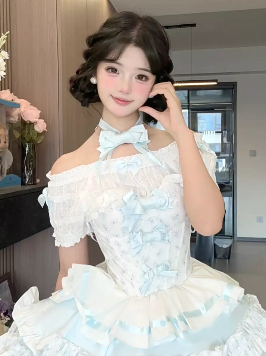 Ballet lolita dress set side upper body view on model featuring off-shoulder short sleeves halter bow necktie romantic fairy tale aesthetic