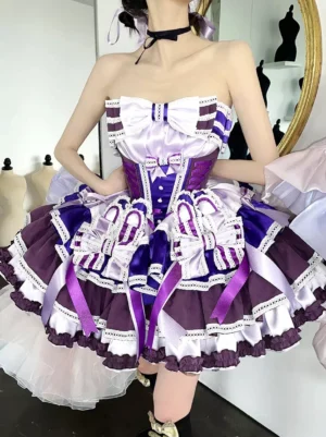 Strapless ballet lolita dress front three-quarter view purple pink ruffles bows classic lolita style
