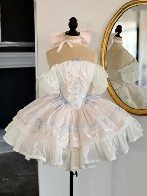 Ballet lolita princess dress white with layered ruffles blue ribbon trims matching neck bow three-quarter front view