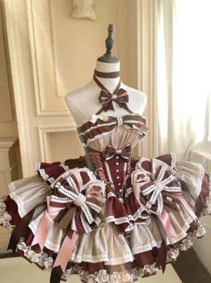 Ballet sweet Lolita dress front view deep brown with multi-layer ruffled skirt lace-up corset bodice bows and ribbon trim