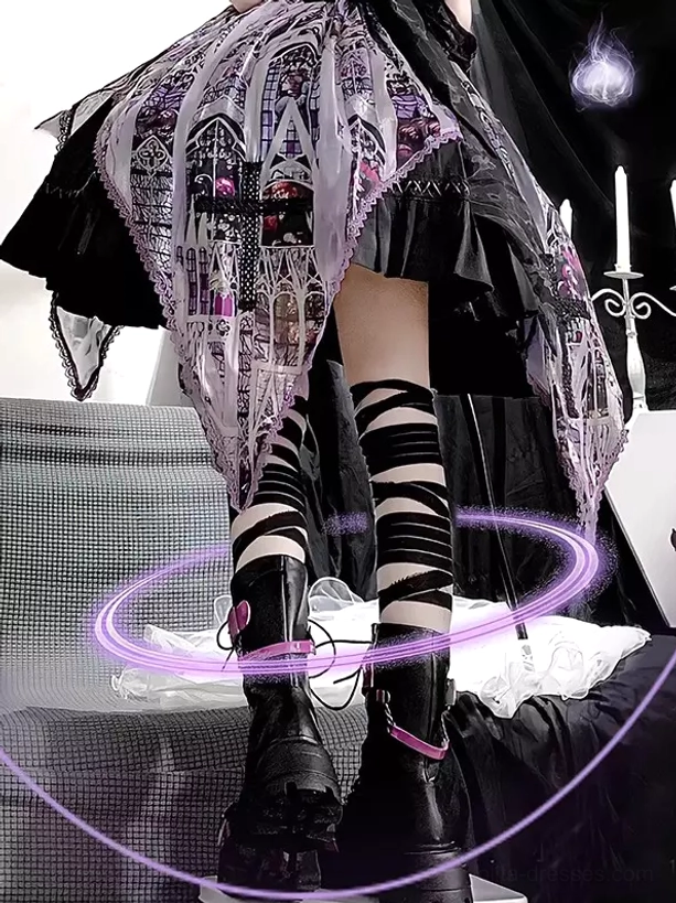 Decorative bow details on bandage thigh-high lolita socks, emphasizing rococo-inspired elements and gothic aesthetic