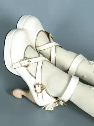 Baroque Lolita platform heels oblique angle on-foot view showing crisscross straps, light brown curved heel, and delicate floral back ornament with pearl-decorated hosiery