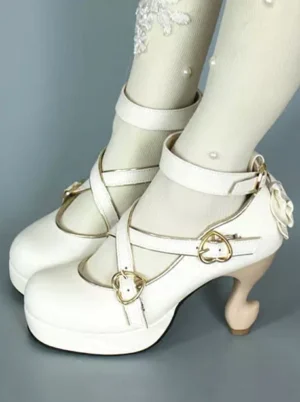 Baroque Lolita platform heels with heart-shaped gold buckles displayed on mannequin feet wearing pearl-adorned white stockings, side view showcasing curved special heel and floral ornament detail