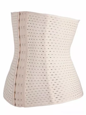 beige overbust corset waist shaper side view curved silhouette perforated fabric body sculpting