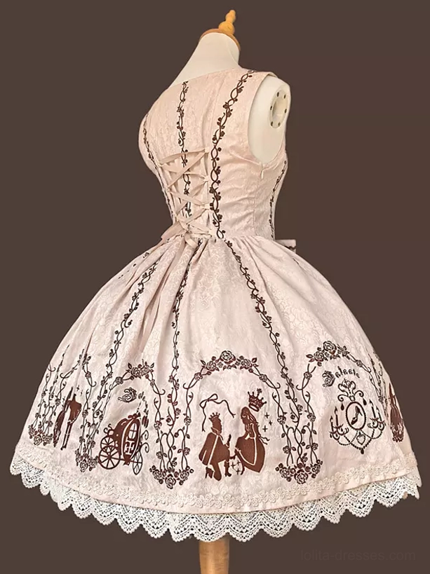 Beige sweet lolita jumper dress back view featuring lace-up back and brown embroidery lace hem details