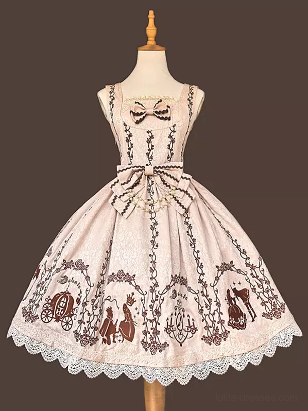 Beige sweet lolita jumper dress front view with lace hem brown embroidery and front bows on mannequin
