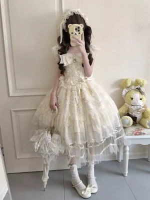 Full length beige sweet lolita overskirt dress with layered tulle skirt chest bow detail and frilly socks mary jane shoes