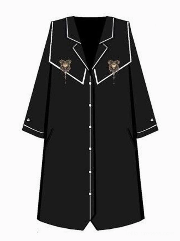 Black lolita overcoat flat lay product view pure black polyester fabric white trim metal emblems pearl front buttons academic style coat