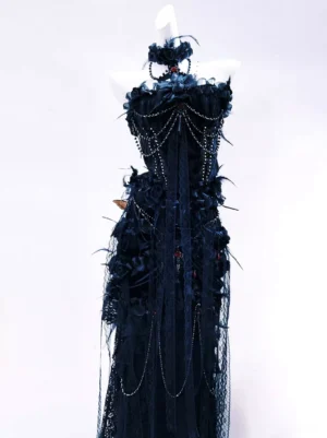 Black asymmetric gothic lolita dress full front view with 3D floral appliques metal chain tassels and feathered hem strapless formal wear