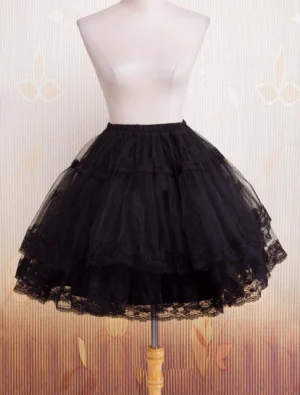 Black bell-shape organza lolita petticoat with layered tulle and lace trim hem, displayed on mannequin in left front three-quarter view showing tiered structure and elegant volume