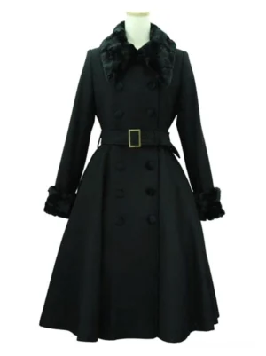 Black belted lolita winter coat with faux fur collar and cuffs front view, double-breasted buttons gold buckle waist belt flared A-line hem on mannequin