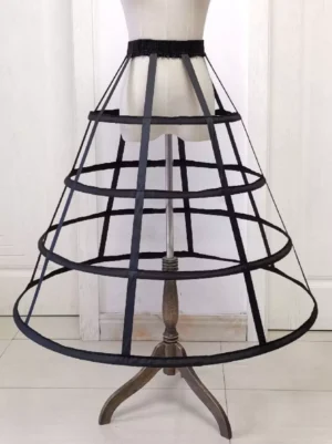 Black boned crinoline petticoat front flat view showing elastic waist and multi-layer conical cage frame structure for lolita fashion