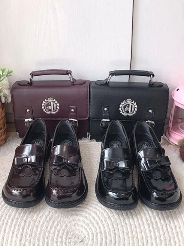 Two pairs JK uniform loafers black and brown with bow details, matching JK briefcases, lolita school shoe coordinate