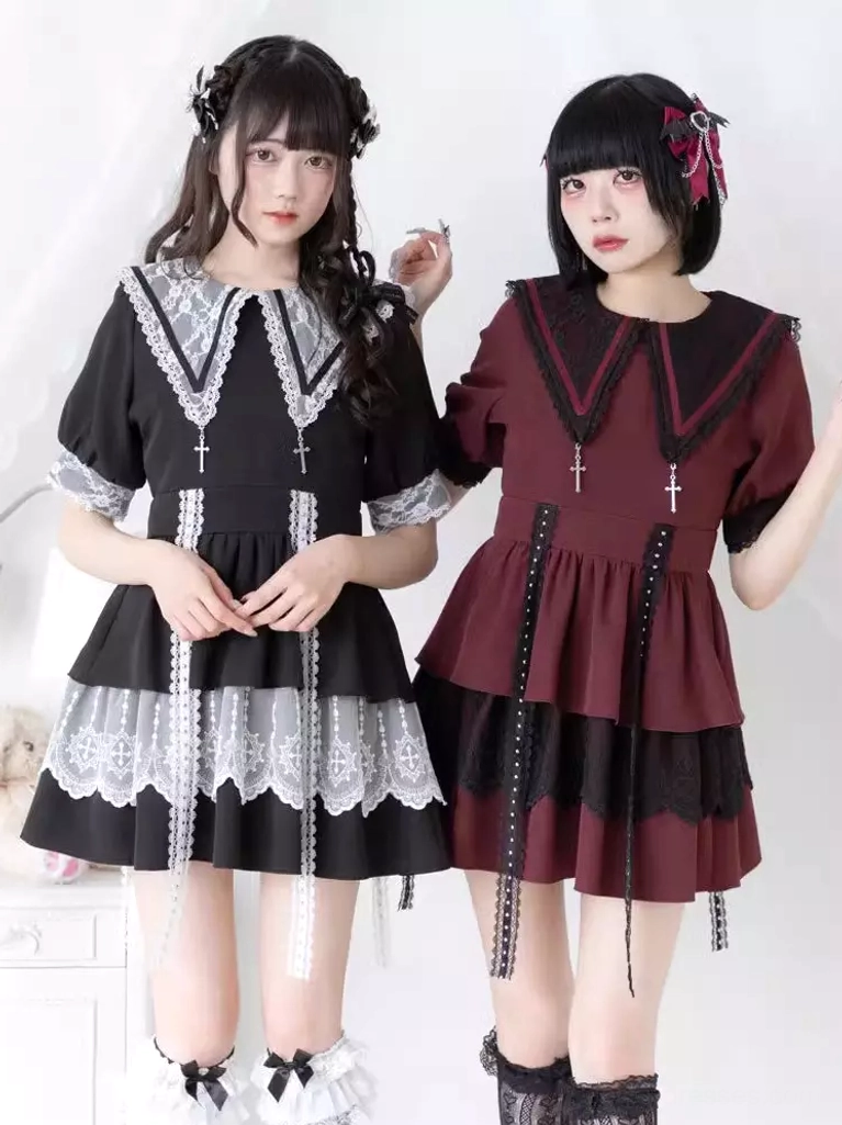 Black and wine red gothic lolita sailor dresses on two models displaying cross pendant decoration and color block lace splicing design front view