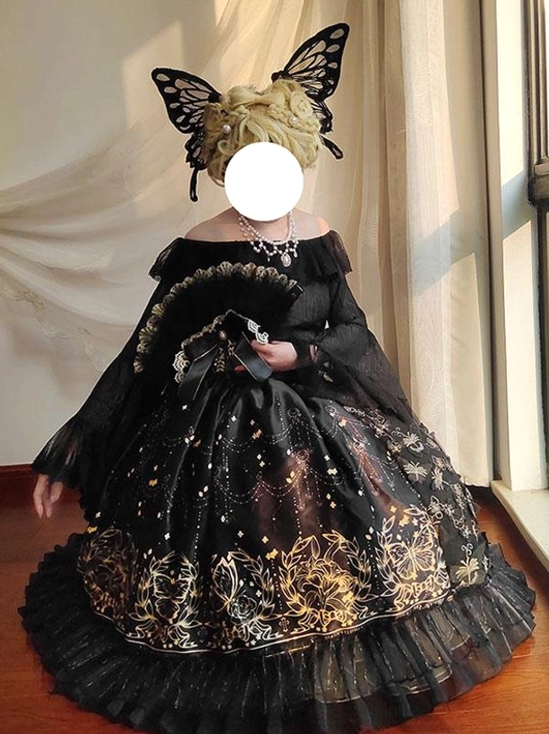 Model wearing black lace butterfly hair accessory with black-gold Lolita dress retro palace style ensemble indoor window scene - complete sweet lolita coordinate