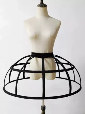 Black cage crinoline petticoat front view flat lay displaying hollow umbrella-shaped hoop structure with elastic black waistband for lolita ball gown underskirt