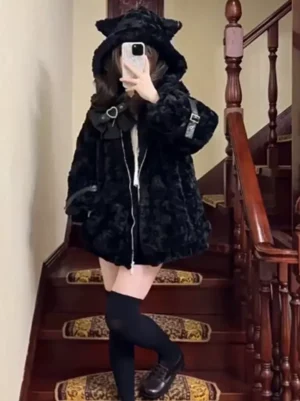 Girl wearing black cat ear hooded plush lolita coat with full outfit styling indoor staircase on-body wear