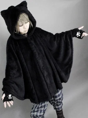 black cat-ear hooded plush lolita poncho cape coat with button closure worn with plaid pants and boots styling coordination