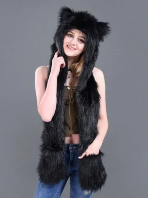 Black cat ear hooded scarf faux fur with fluffy hand pockets - lolita gothic winter style three-quarter view